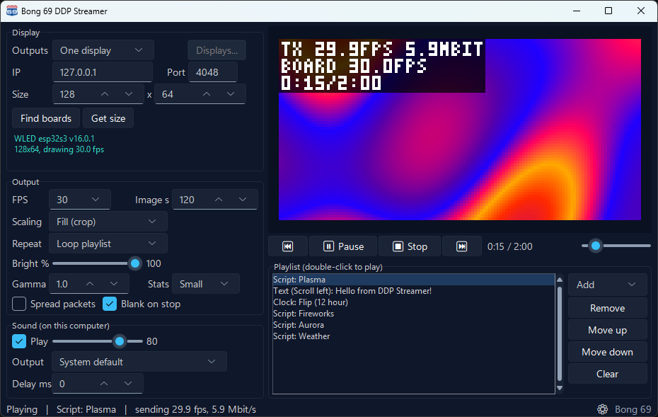 DDP Streamer window: a playlist of scripts, text and a clock